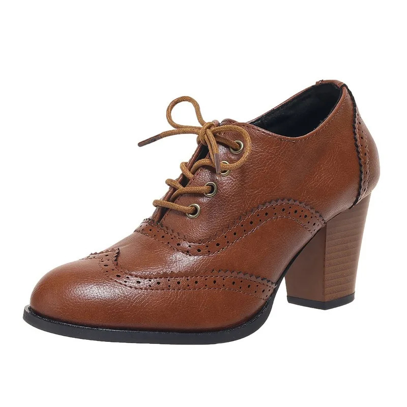 2024 Women Pumps Round Toe Wood Heels Platform Student Carved Retro LaceUp Classic Spring 250118