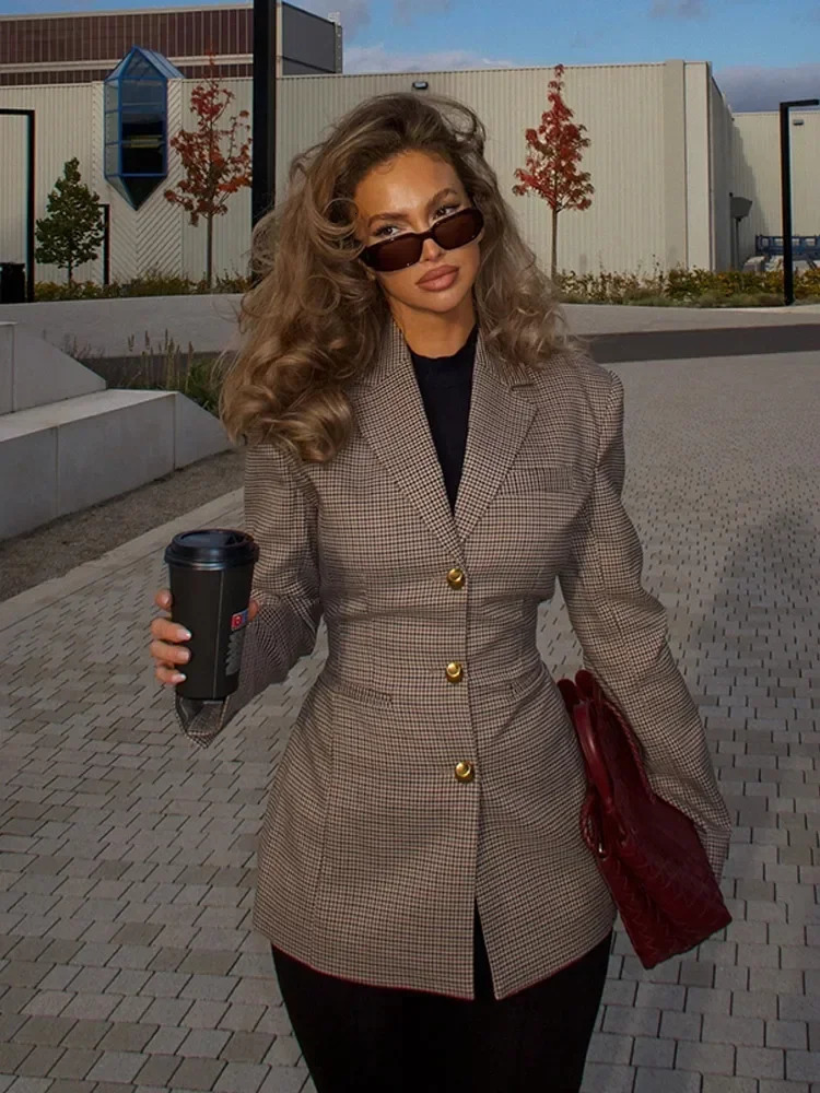 Womens Lapel Long Sleeves Plaid Jacket Khaki Woman Commute V Neck Loose Coat Female Fashion Charm Office Street Outercoats 250208Z