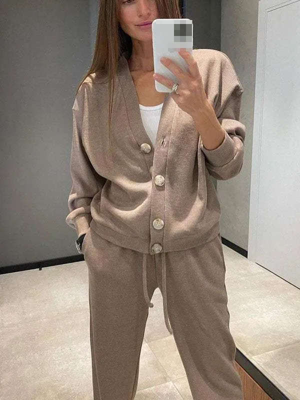 Autumn Winter Womens Clothing Fashion Single Breasted Casual Sports Suit Cardigan Top Lace Up Pants Two-piece Set Women 250207