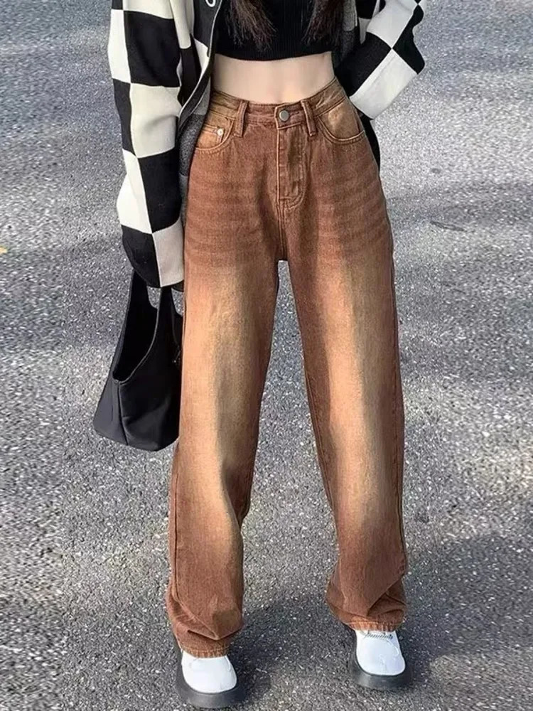 Feynzz European And American Retro Brown Jeans Womens Spring And Autumn High-waisted Straight-leg Loose And Thin Wide-leg Pants 250206