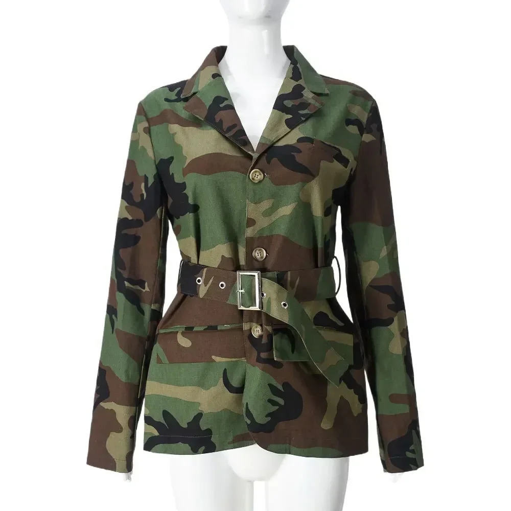 Womens OL Work Long Sleeve Notched Collar Street Trailblazer INS Camouflage Printed Belt Trailblazer Top Street Coat 250207