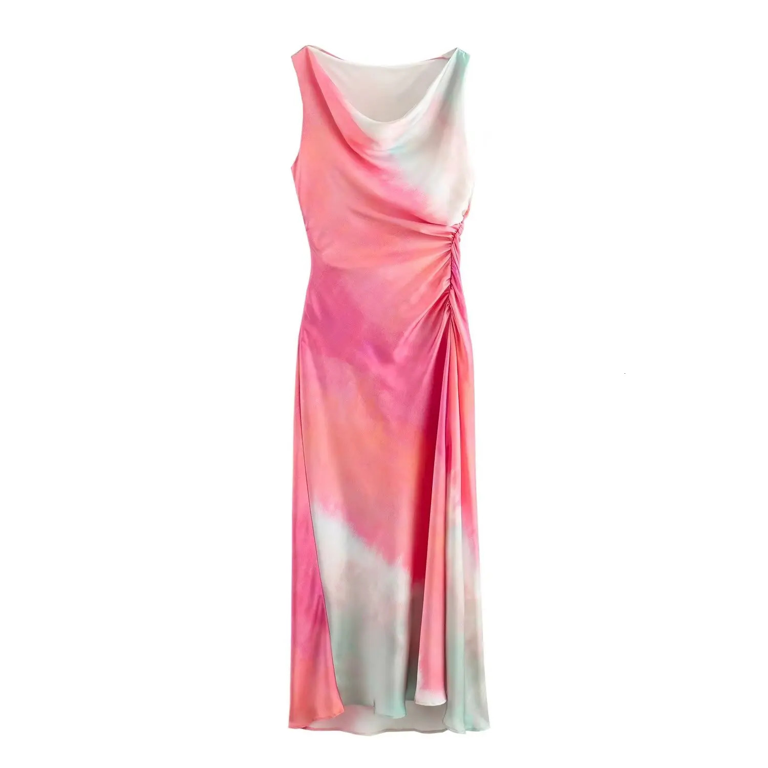 European And American Style Womens Fashionable Simple Pleated Slim Fit Slit Tie Dye Printed Texture MIDI Dress 250207