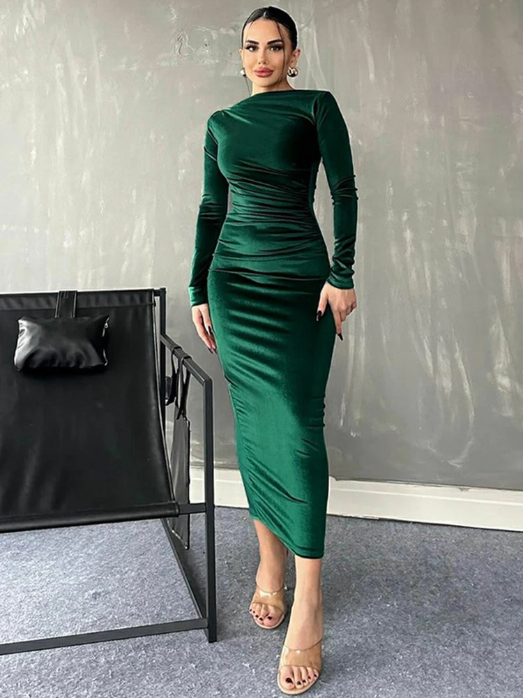 Dulgura 2024 Spring Summer Velvet Long Sleeve Midi Womens Ruched Dress Elegant Party Evening Green 250207