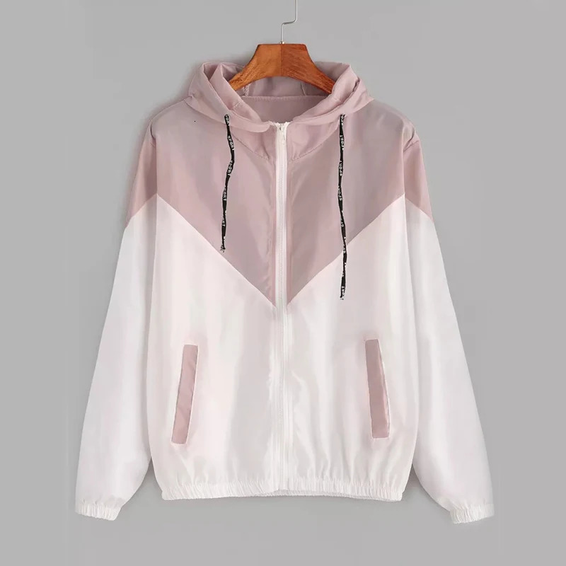 Fashion Hooded Windbreaker Jacket Women Elegant Color Block Patchwork Zipper Bomber Autumn Casual Coat Outerwear Raincoat 250207