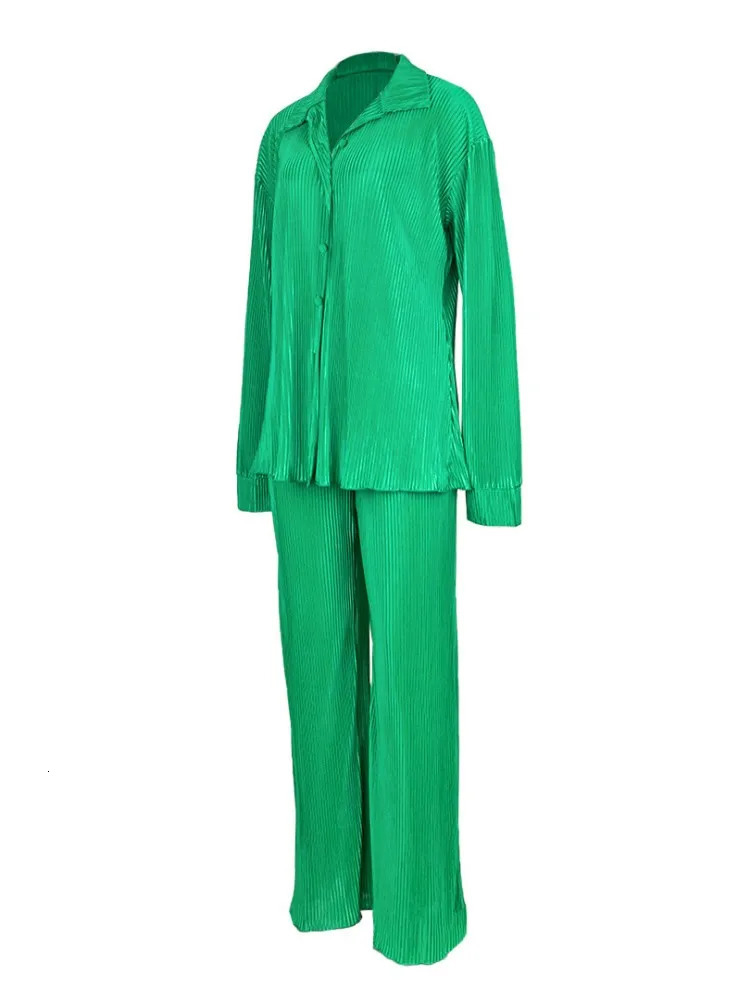 QFAF Fashion Pleated Womens Set Long Sleeve Oversized Shirt and Wide Leg Pants Elegant Tracksuit Two 2 Piece Set Outfits 250207