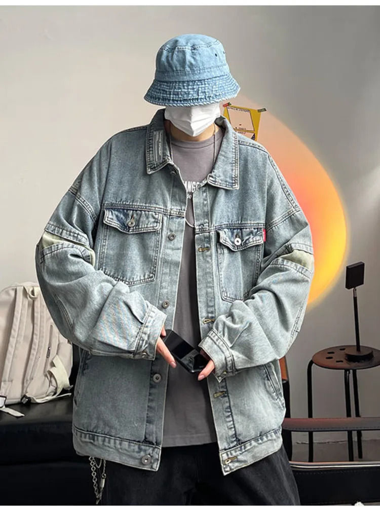 Loose Denim Jacket Men Casual Solid Color Lapel Single Breasted Jeans Outwear Bomber Streetwear Windbreaker Coat 250207