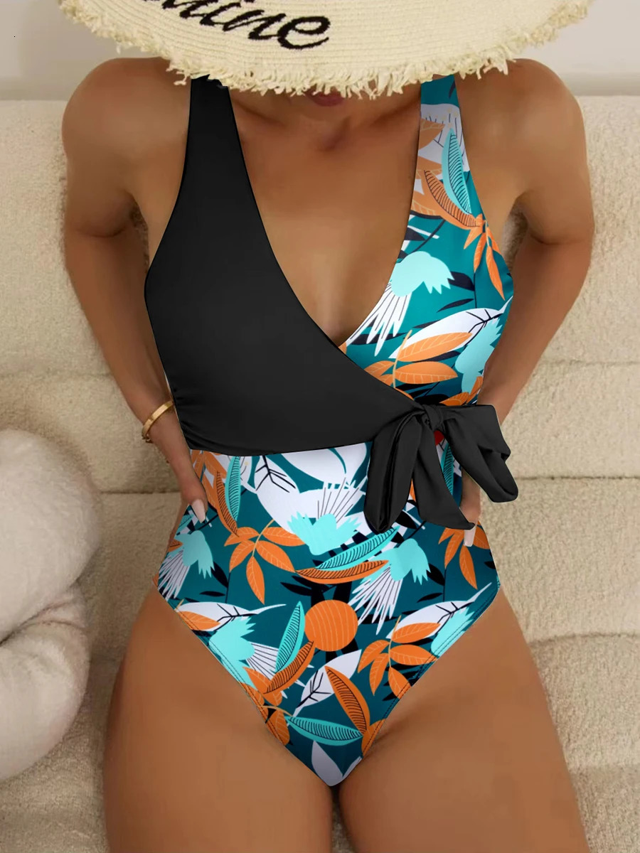Tropical Print Swimsuit One Piece Knot Side Belted Swimwear Women Padded Bathing Suit Female Swimming Summer Beachwear 250206