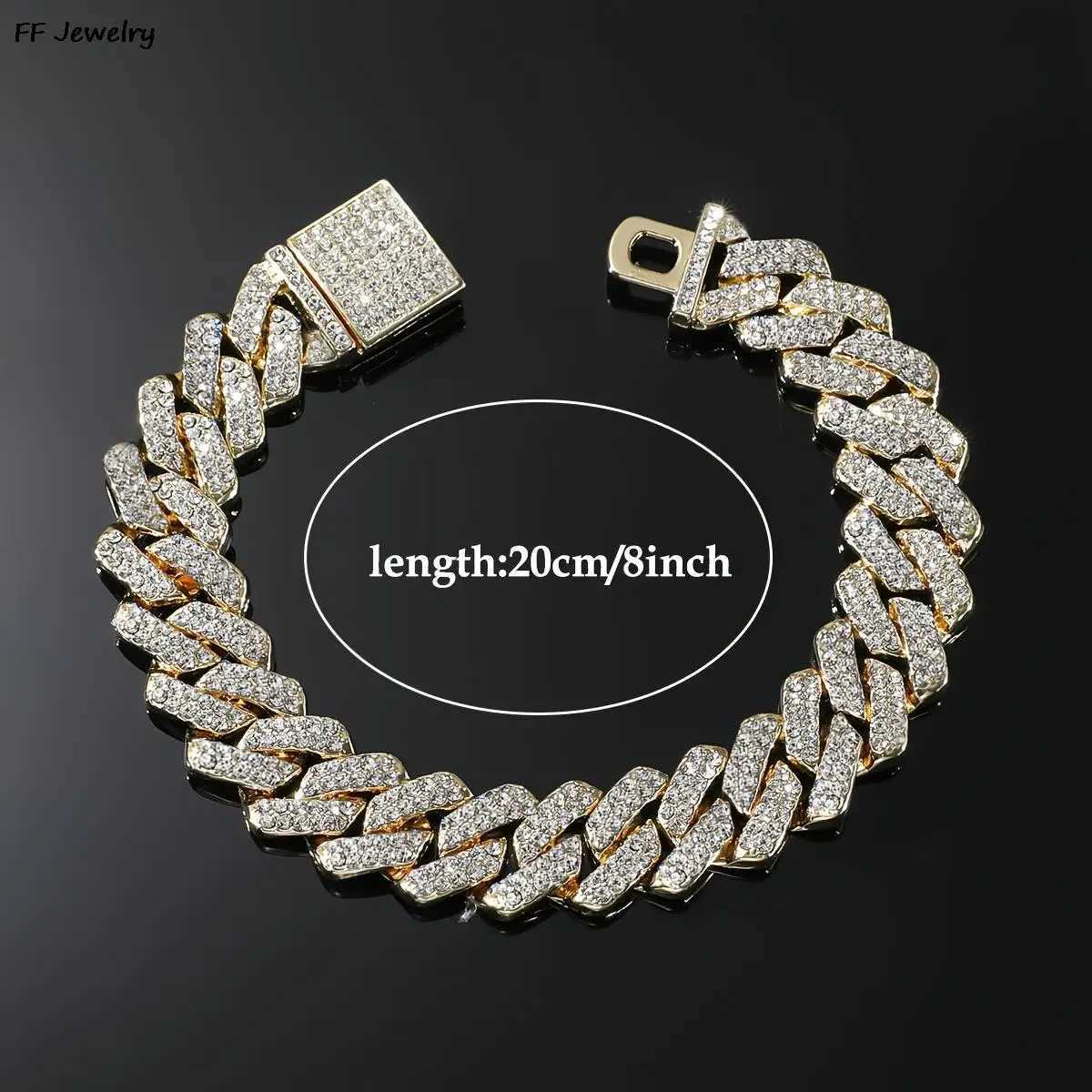 14mm Hip Hop Shiny Cuban Link Chain Bracelets Gold Color Rhinestone Iced Out Chain Bracelets Punk Wristband Women Men Jewelry Y250208