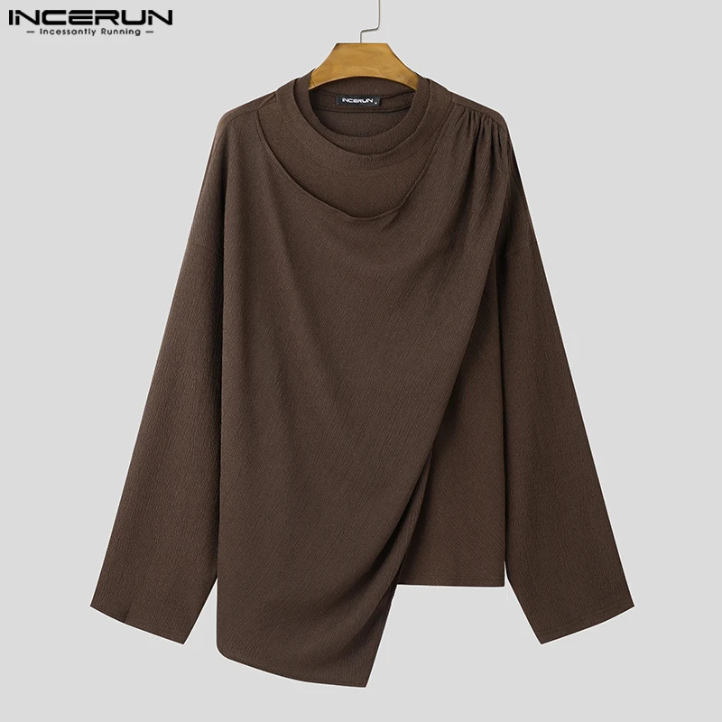 INCERUN Tops Korean Style Fashion Men Pleated Patchwork Shirt Casual Streetwear Men Solid Long Sleeved Loose Blouse 250207