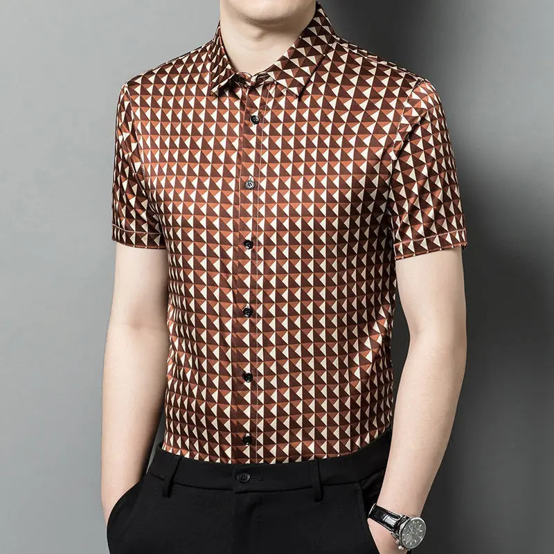 Business Turndown Collar Contrast Color Summer Short Sleeve Plaid Button Cardigan Shirt Casual Formal Mens Clothing Tops 250207