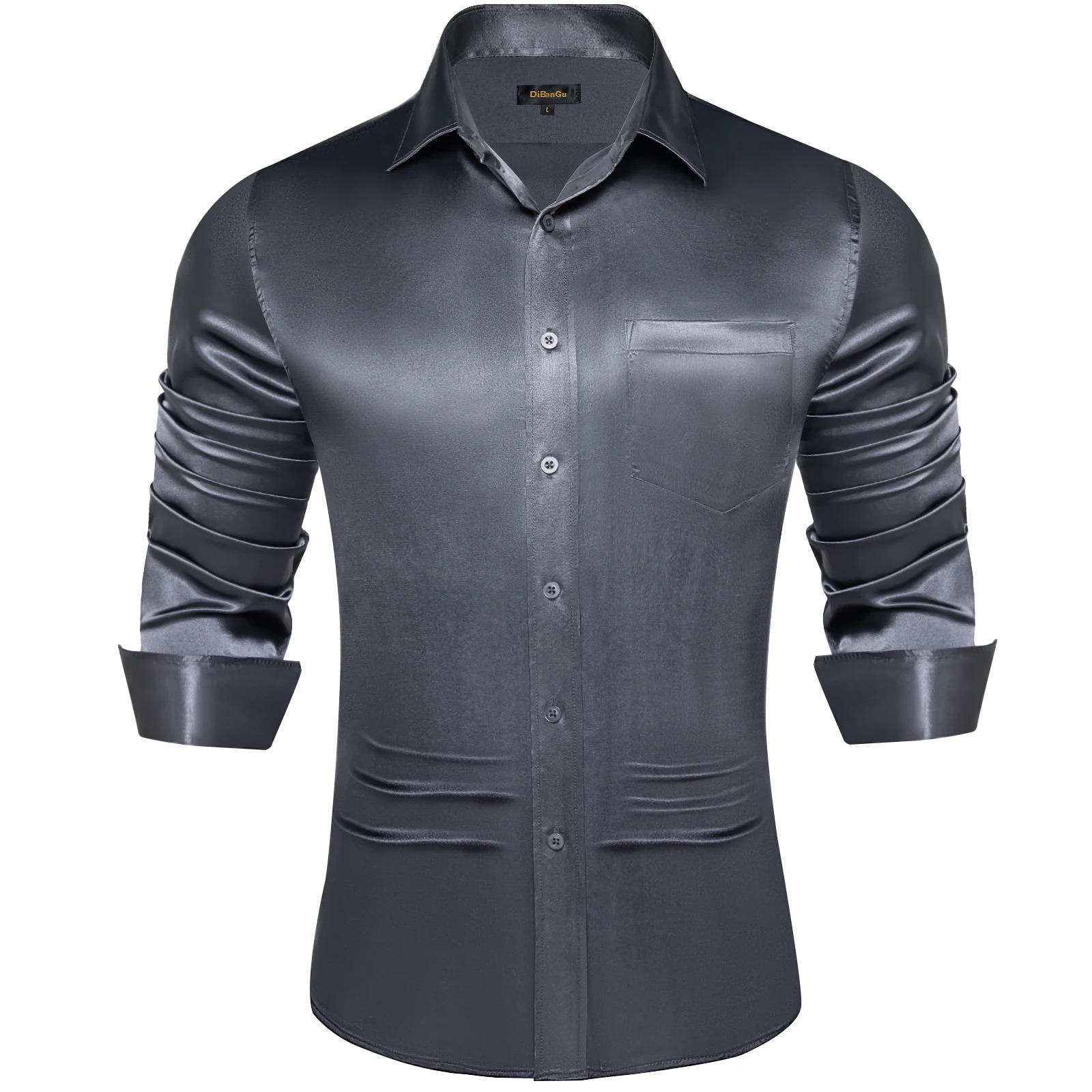 Silk Satin Mens Long Sleeve Shirt Dark Grey Brown Orange Purple Solid Color Button Down Collar Dress Shirt for Party 250207