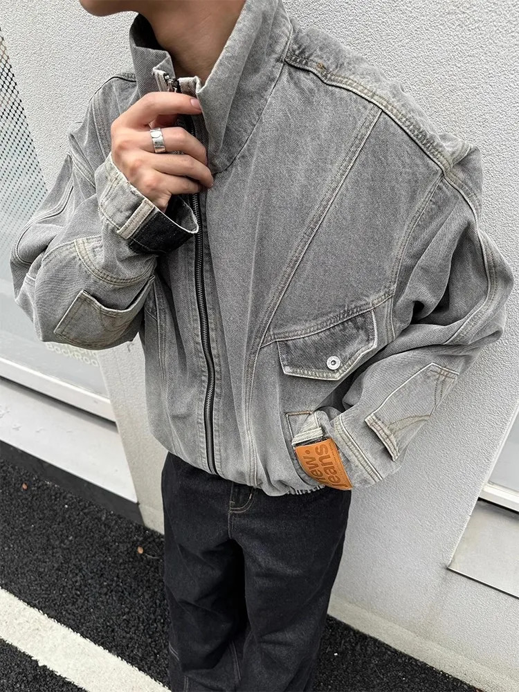 REDDACHIC Upside Down Men Cargo Denim Jacket Patchwork Multipocket Wash Do Old Stand Collar Zipup Coat Moto Vintage Outerwear 250207