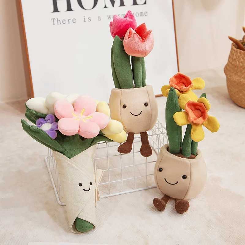 Creative Plant Rose Flower Plush Toy Stuffed Bouquet Blossom Narcissus Tulip Succulent Potted Valentine Gifts Room Decor Free shipping