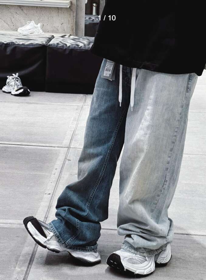 American style patchwork contrasting two tone denim, worn-out distressed casual pants, jeans
