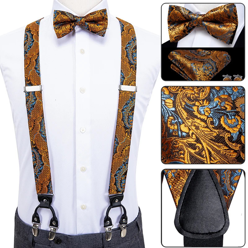 Silk Adult Mens Suspenders Metal 6 Clips Braces Bow Tie Hanky Cufflinks Male Wedding Party Vintage Elastic Adjustable 250221