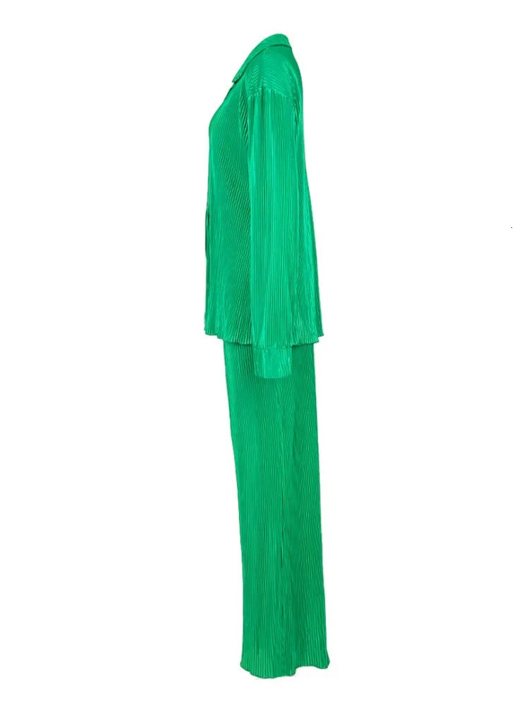 QFAF Fashion Pleated Womens Set Long Sleeve Oversized Shirt and Wide Leg Pants Elegant Tracksuit Two 2 Piece Set Outfits 250207