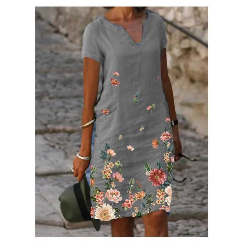 New Retro Womens Floral Printed Cotton Linen Short Swed Mid To Long V-neck Dress For Womens Ele Slim Fit A-line Skirt W250208