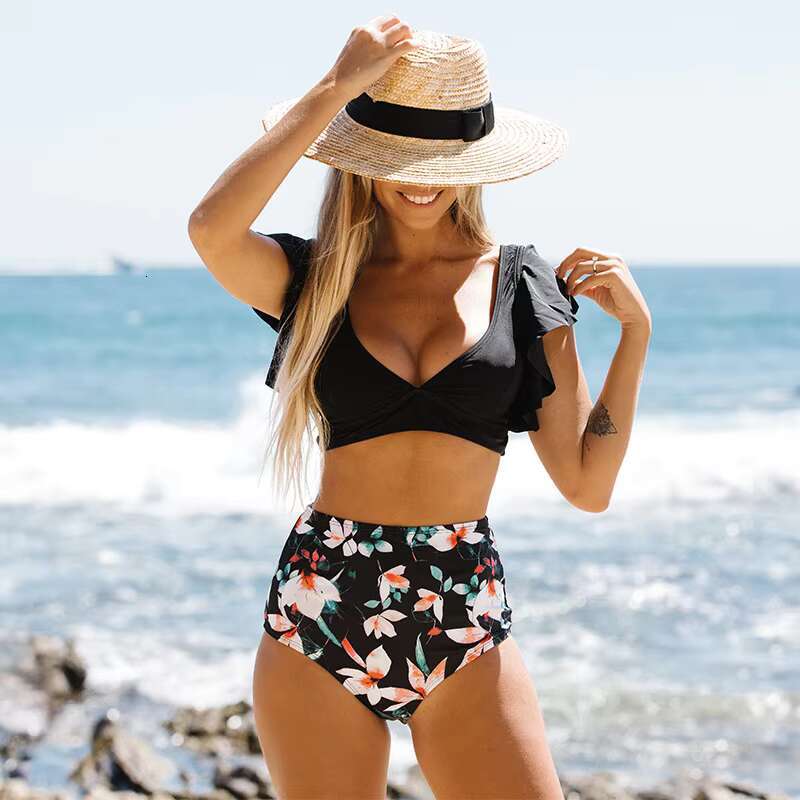 ral Ruffled Hem Bikini Set Women ra V-neck High-waisted Two Piece Swimsuit 2025 Girl Beach Bathing Suit Swimwear Biquinis