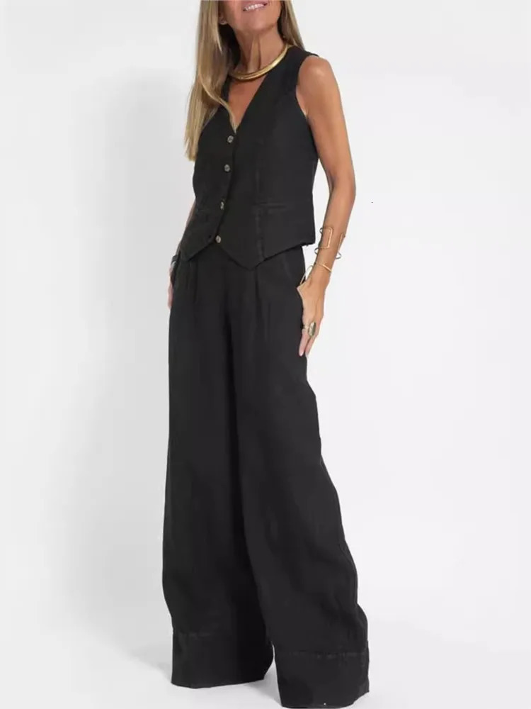 Womens Clothing Spring Summer Fashionable Vest Pants Collage Splicing Pure Sleeveless Color Temperament Casual Suit 250207
