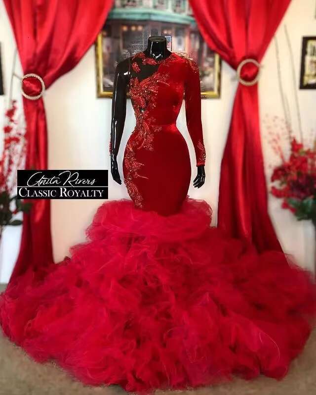 Red Aso Ebi African Dresses Mermaid Sleeves Appliques Long Dubai Arabic Black Girls Evening Gown Prom Customized