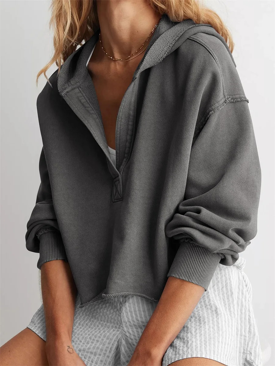 Womens Spring Autumn Hooded Sweatshirt Long Sleeve Solid Color V Neck Crop Hoodie 250121