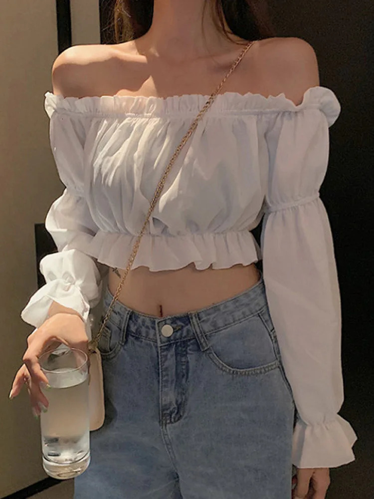 Womens Top Sexy Blouse Off Shoulder Long Sleeve Solid Color White Shirt Puff Ruffle Tunic Crop Summer Tube 250208Z