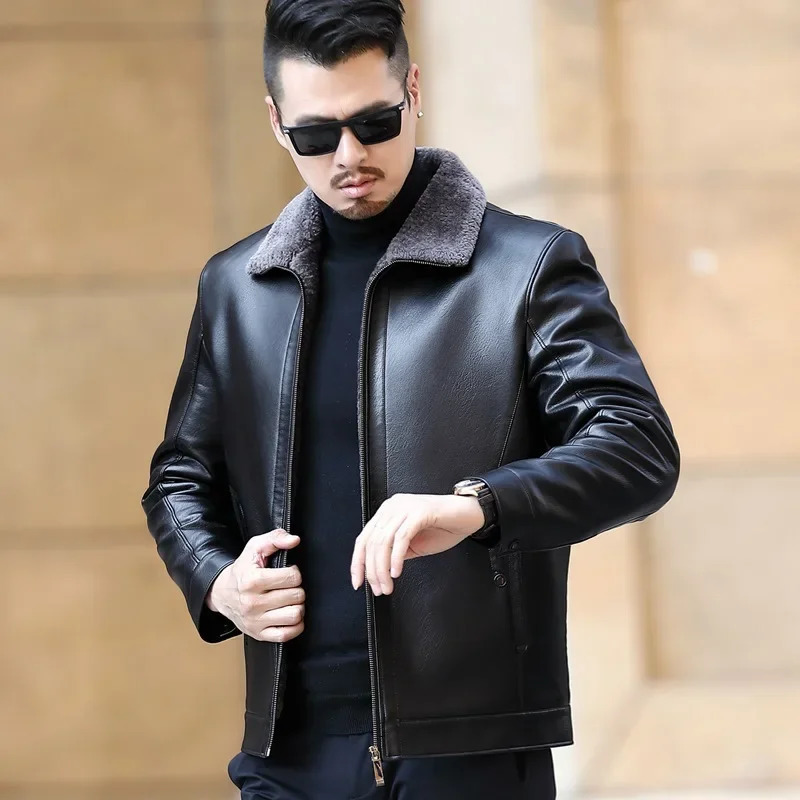Mens Fur One Casual Thickened Motorcycle Jacket Fashion Leather Male Plus Cashmere Sheep Short Coat 250109