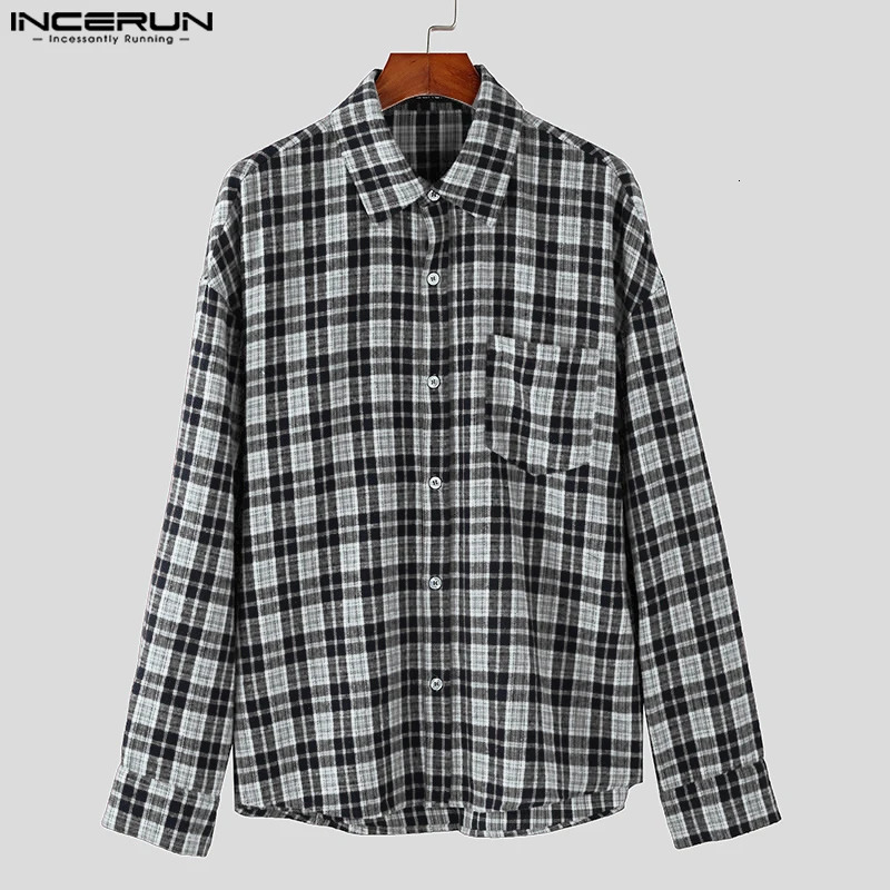Korean Harajuku Handsome Men Shirts INCERUN Casual Long Sleeve Plaid Splicing Turn Down Collar Tops Loose Bottuns Blouses 250207