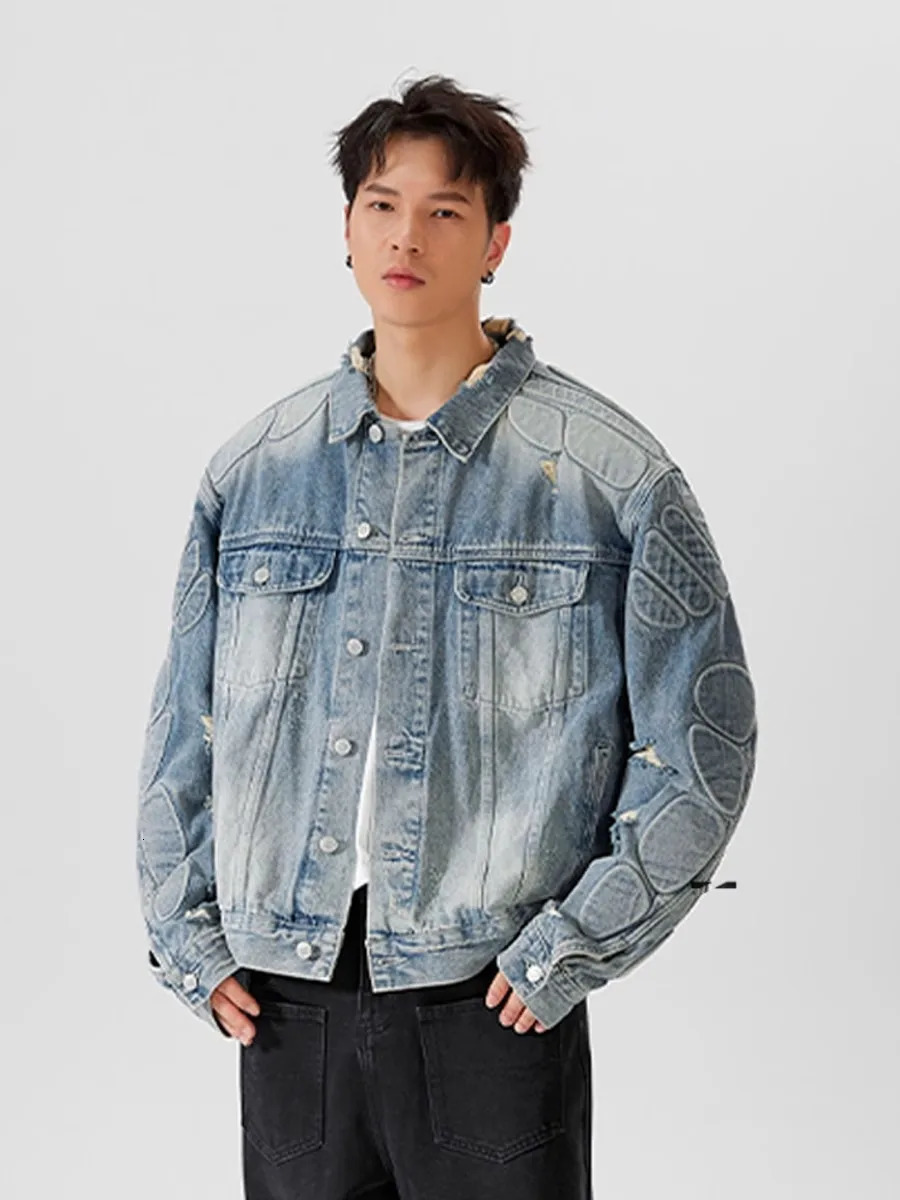 REDDACHIC 3D Padded Demiseason Denim Jacket Men Heavy Industry Vintage Wash Ripped Hole Y2k Oversize Coat Fall Winter Outerwear 250207