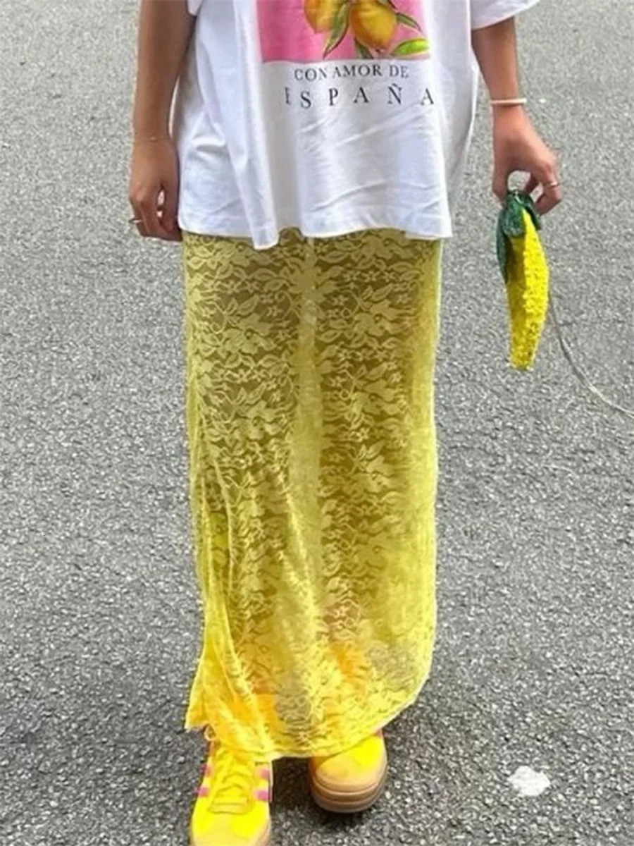 Womens Lace Patchwork Long Skirts Vintage High Waist Solid Color SeeThrough Maxi Slim Elegant Temperament 250208Z