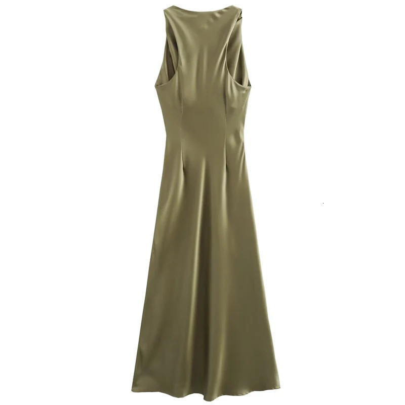 HXAO Womens Satin Long Dress Summer Midi Ruffle Evening ONeck Sleeveless Green White Black Sun 2024 250207