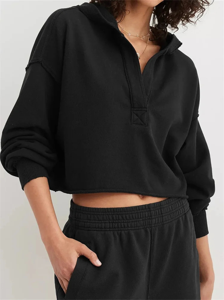 Womens Spring Autumn Hooded Sweatshirt Long Sleeve Solid Color V Neck Crop Hoodie 250121