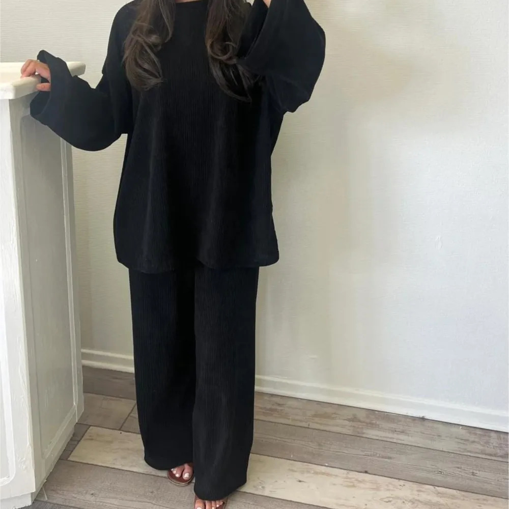 Spring Autumn Solid Color Corduroy Pants Sets Women Loose Long Sleeve Wide Legs Trousers Two Piece Set Female Commuting Clothing 250207