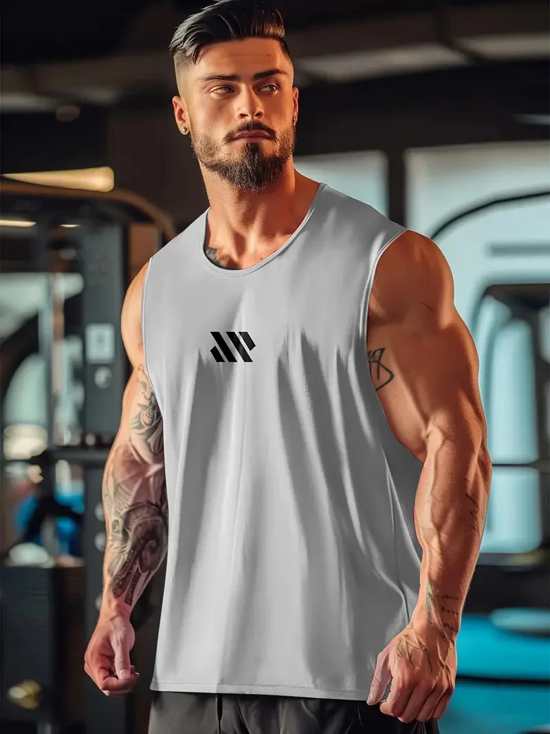 Summer mens solid color monogram round neck sleeveless undershirt daily fitness sports breathable not boring short sleeve 250207