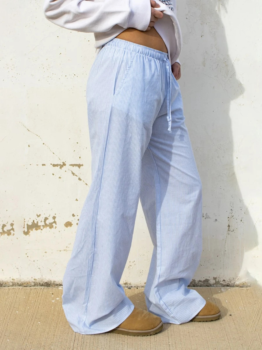 Womens Casual Stripe Print Wid Leg Drawstring Elastic Waist Loose Straight Long Pants with Pockets Lounge Trousers Street Z260314
