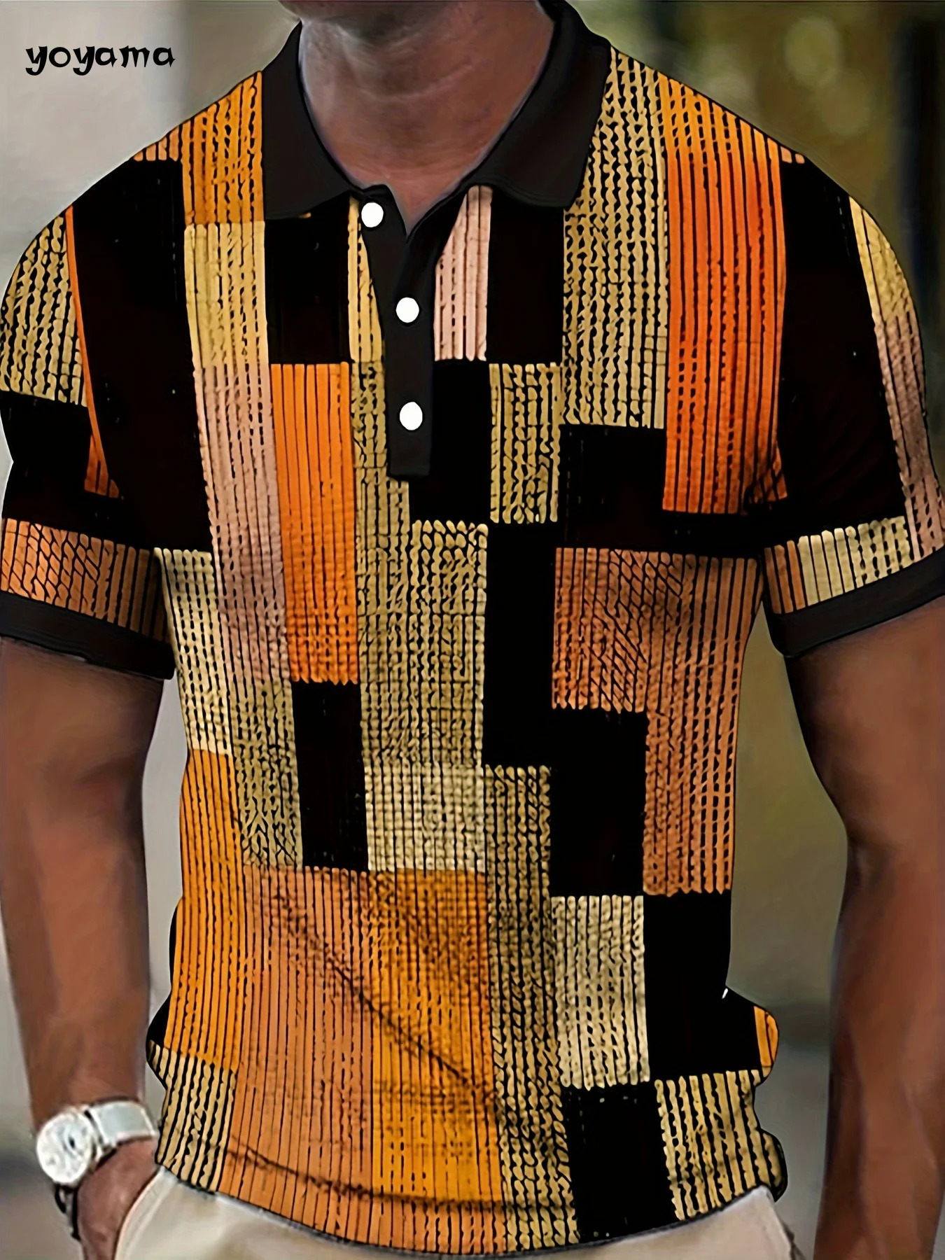 Mens Casual ShortSleeved Polo Shirt Retro Style Plaid Printed Blouse Lapel Button down Summer Versatile Clothing 250207