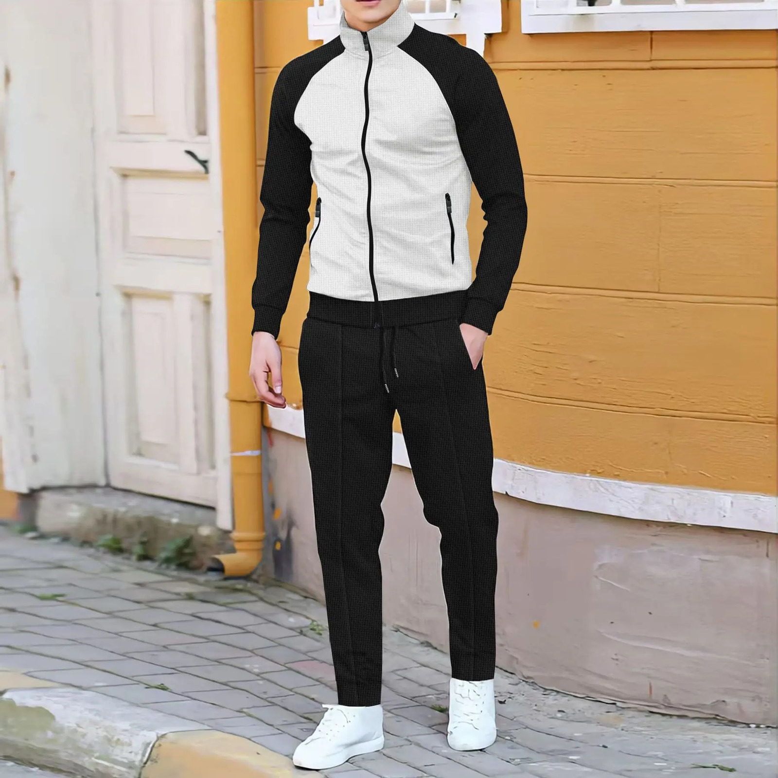 Spring and autumn mens casual suit fashion color contrast with rotator sleeve high neck jacket trousers casual outdoor sports 250208