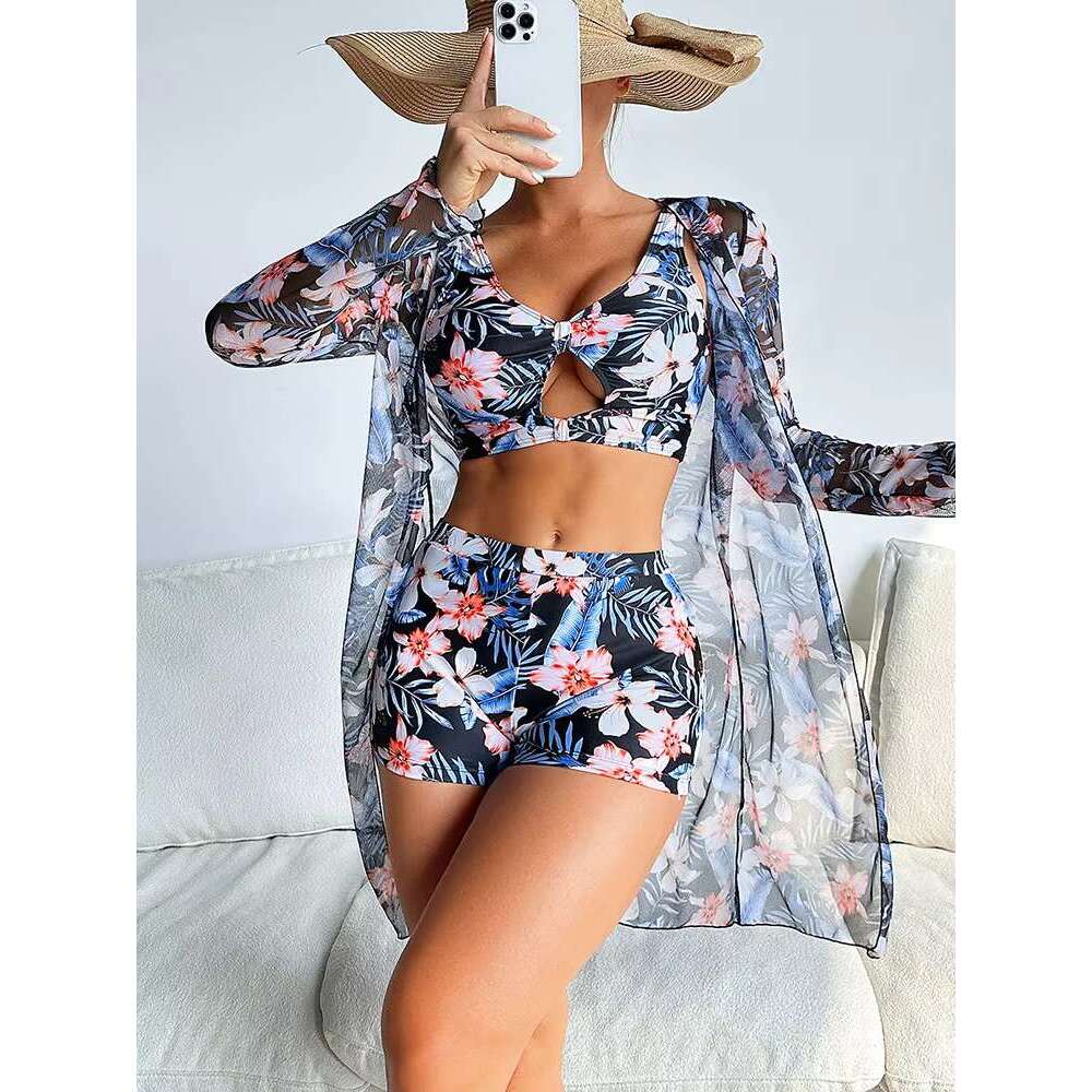 2025 Three Pieces Push Up Swimwear Bikini Set Women Swimsuits Fashion Print High Waist Female Swimming Summer Bathing Suit