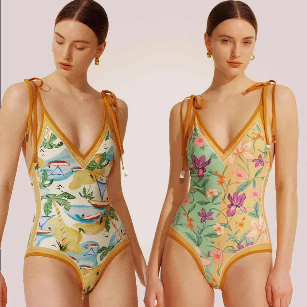 Vintage Printed Double-sided Wear Swimming Bathing Suit Women Bandage Sexy One Piece Swimsuit Beachwear Swimwear Woman 250206