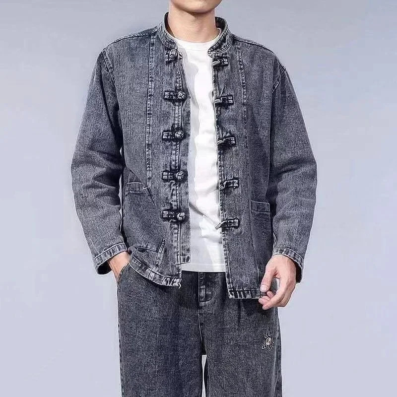 Chinese Style Stand Collar Washed Denim Set Men Chinoiserie Youth Casual Streetwear Tangzhuang Mens Jacket and Jeans 250207