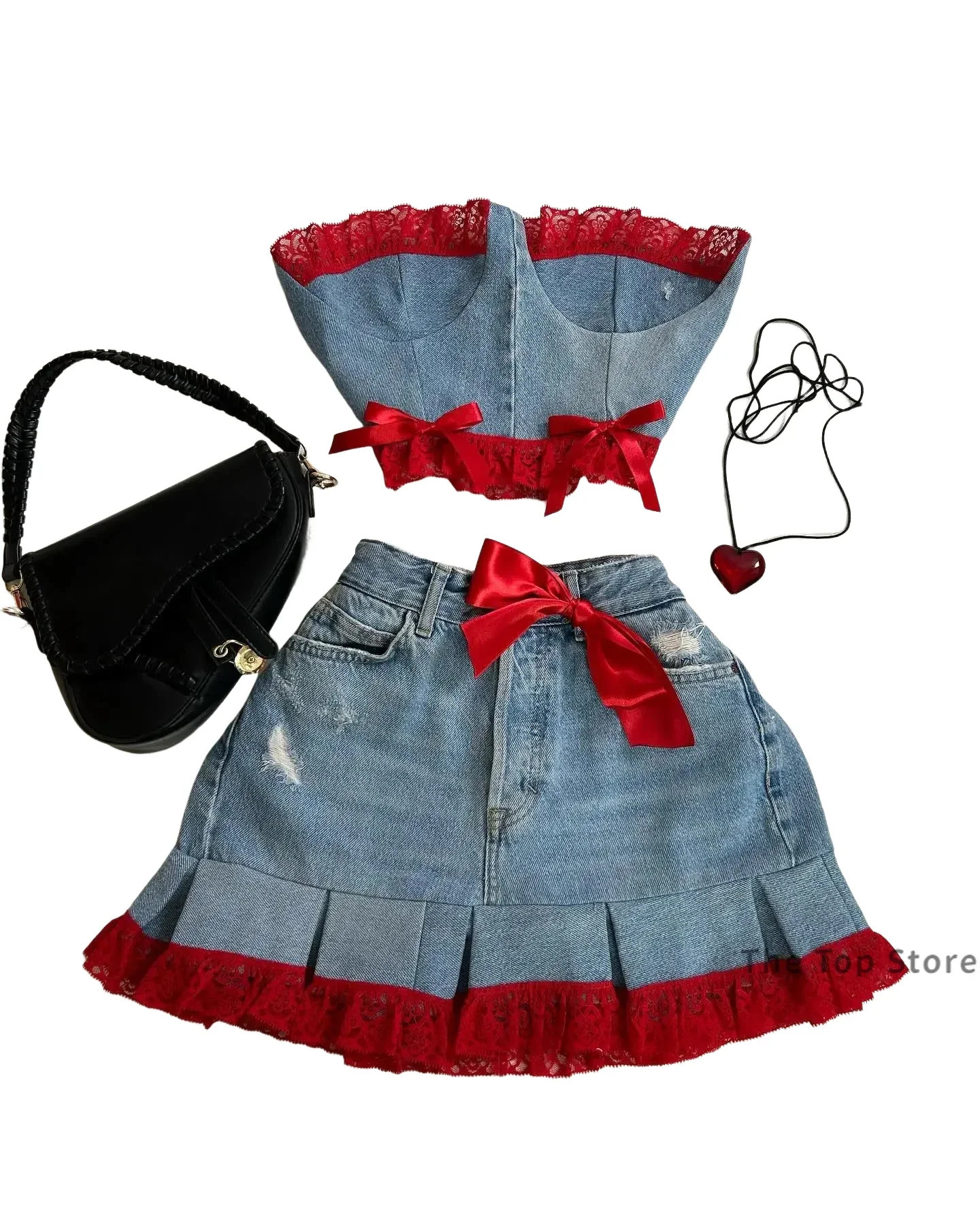 Harajuku Sexy Bow Slim Tube Y2K Fashion Outfits Denim Skirt Suit Tops Low Waist Mini Goth Kawaii Womens Clothing 250206