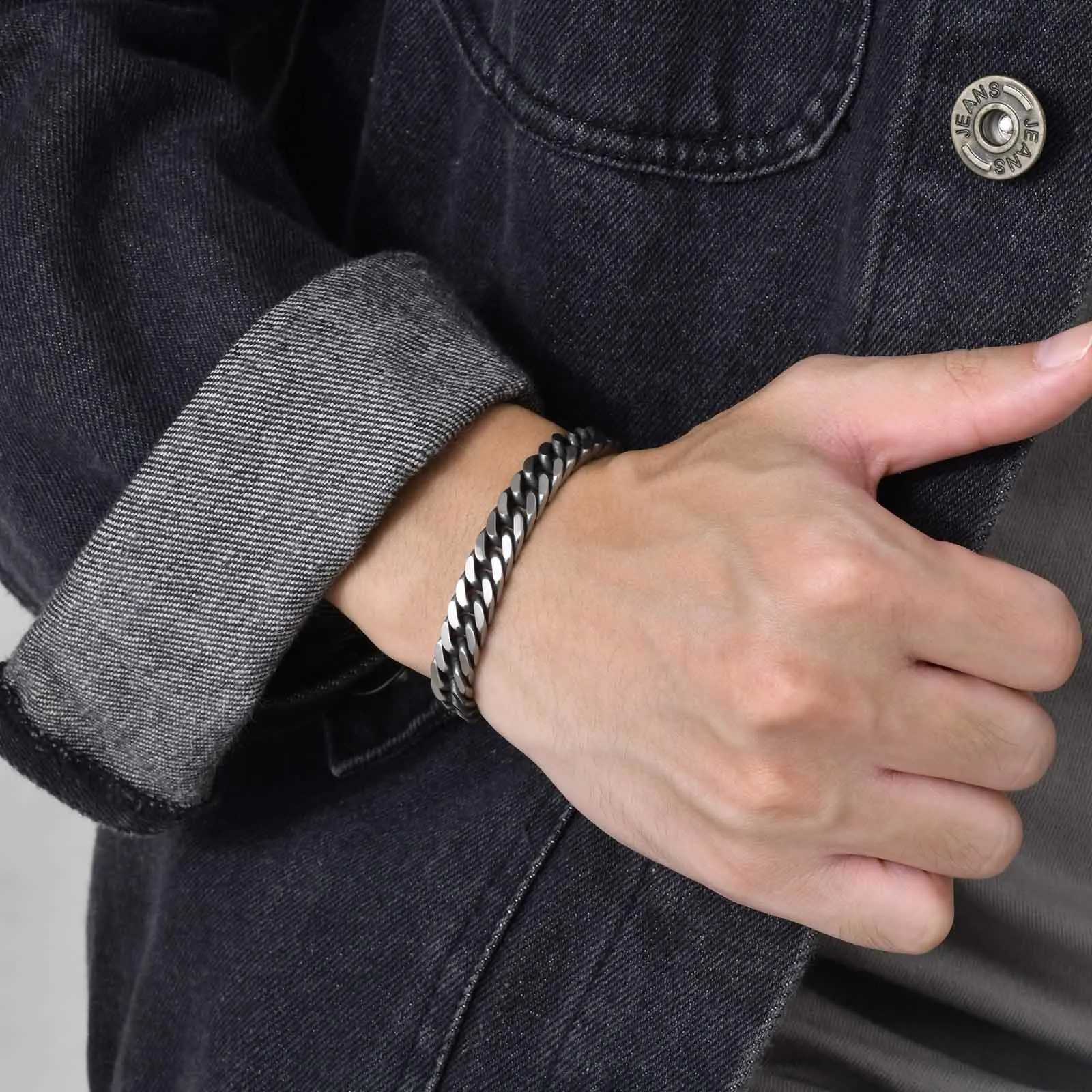 Vnox Chunky Retro Cuban Chain Bracelets for Men Vintage Antique Stainless Steel Curb Dome Link Wristband Cool Outfit Jewelry Y250208