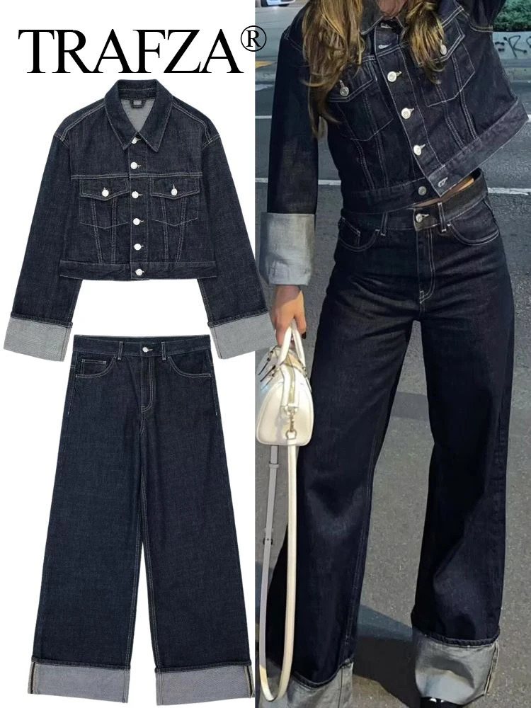 TEAFZA Vintage Women Patchwork Denim Jacket Pant Sets Long Sleeve Cropped CoatHigh Waist Wide Leg Pants Streetwear Suit 250207