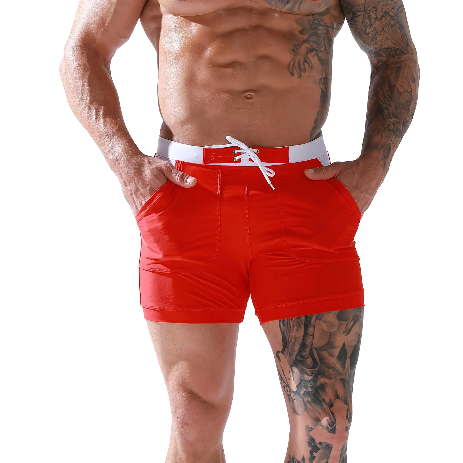 Sports Pants Men's Double-layer Oversized Men's Quarter Square Corner Swimming Pants Casual Solid Color Lace Up Pants Beach Shorts