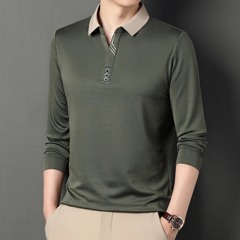 Mens Long-sleeved Polo Shirt Sweatwear Business Casual Top Fashion Classic Solid Color Male Basic V-neck Top 250207