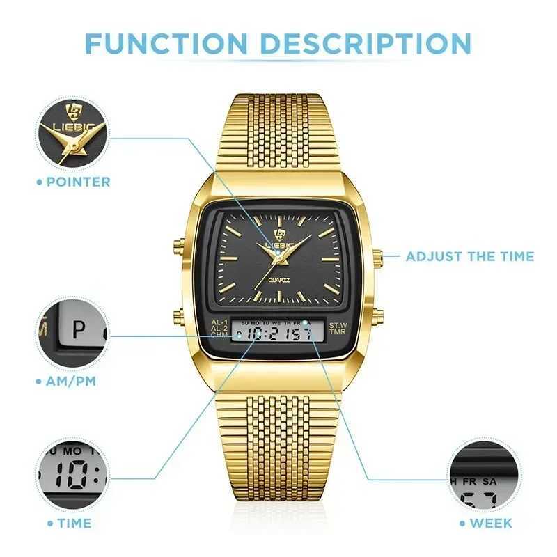 New Golden Steel Strap Quartz Sport Watch Mens Dual Time Week Display Digital Wristwatches Waterproof Clock Reloj Hombre Z250207