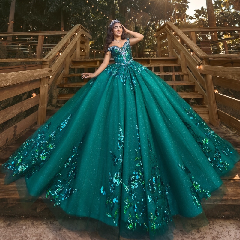 Emerald Green Quinceanera Dresses Ball Gown Off The Shoulder Beading Crystal Tull Party Birthday Sweet 16 Dress Vestidos 15 anos