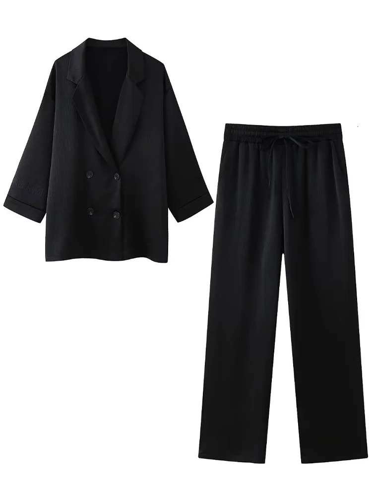 Willshela Women Fashion 2 Piece Set Solid Double Breasted Blazer Vintage Elastic Waist Trousers Feamle Chic Lady Pants Sets 250207