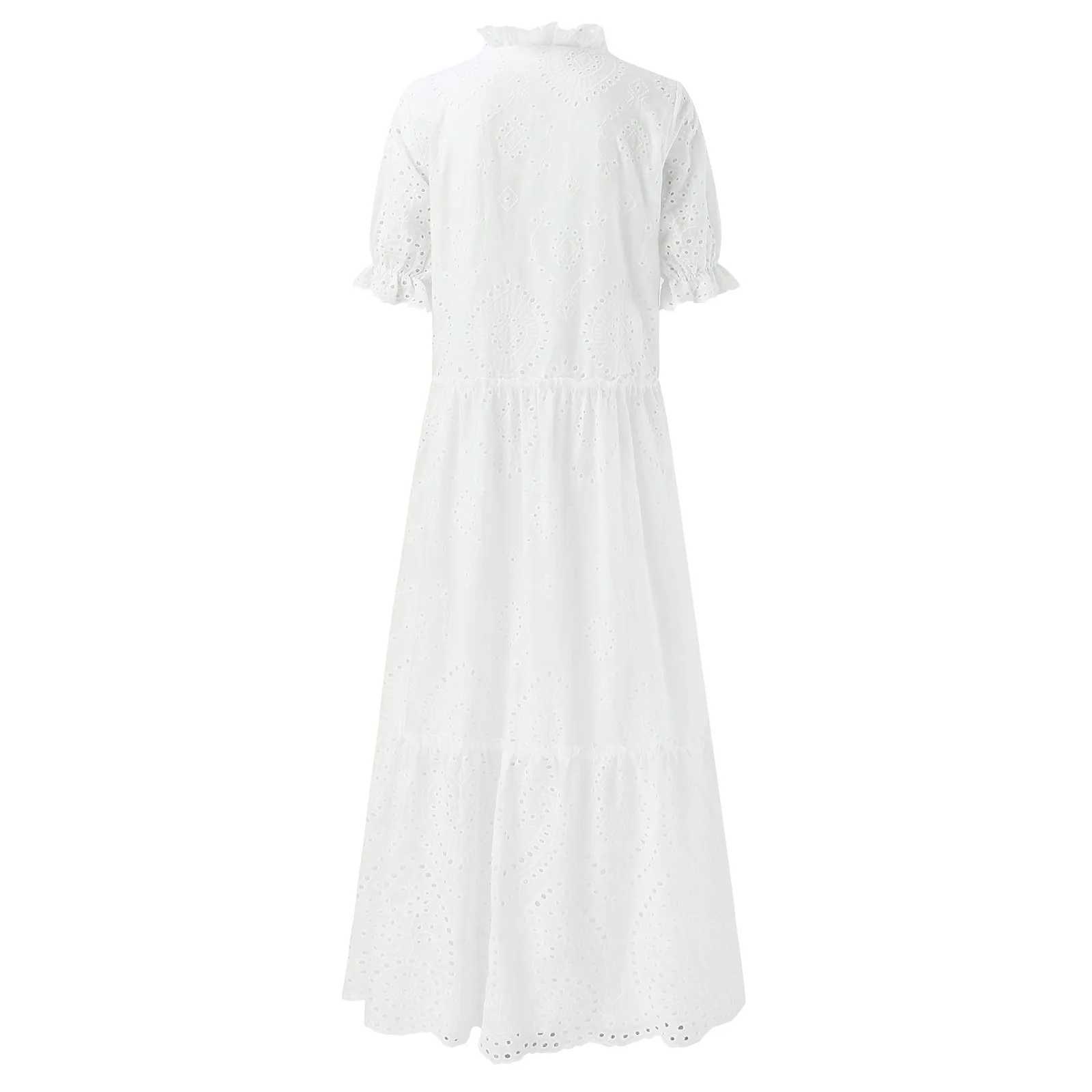 A Line White Dresses Woman Vintage Hollow Boho Style Drstring Long Dresses Summer Lantern Sve Maxi Dress Women W250208