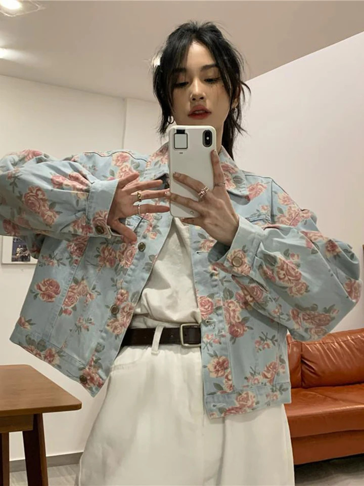 Jmprs Vintage Rose Floral Denim Jacket Korean Loose Elegant Short Coat Sweet Long Sleeve Casual Lady Retro Harajuku Tops 250113